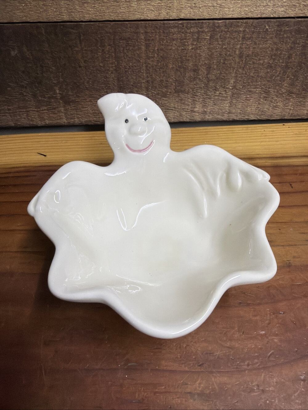 Ceramic Halloween Ghost Candy Dish Smiling Spooky Trinket Bowl Fall Decor Vtg